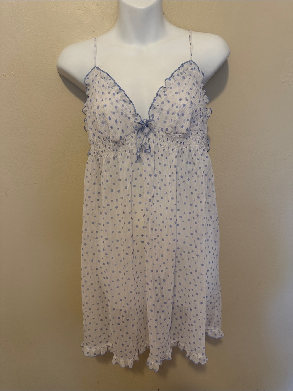 Oscar de la Renta White Sheer Polka Dot Babydoll with Light Blue Trim